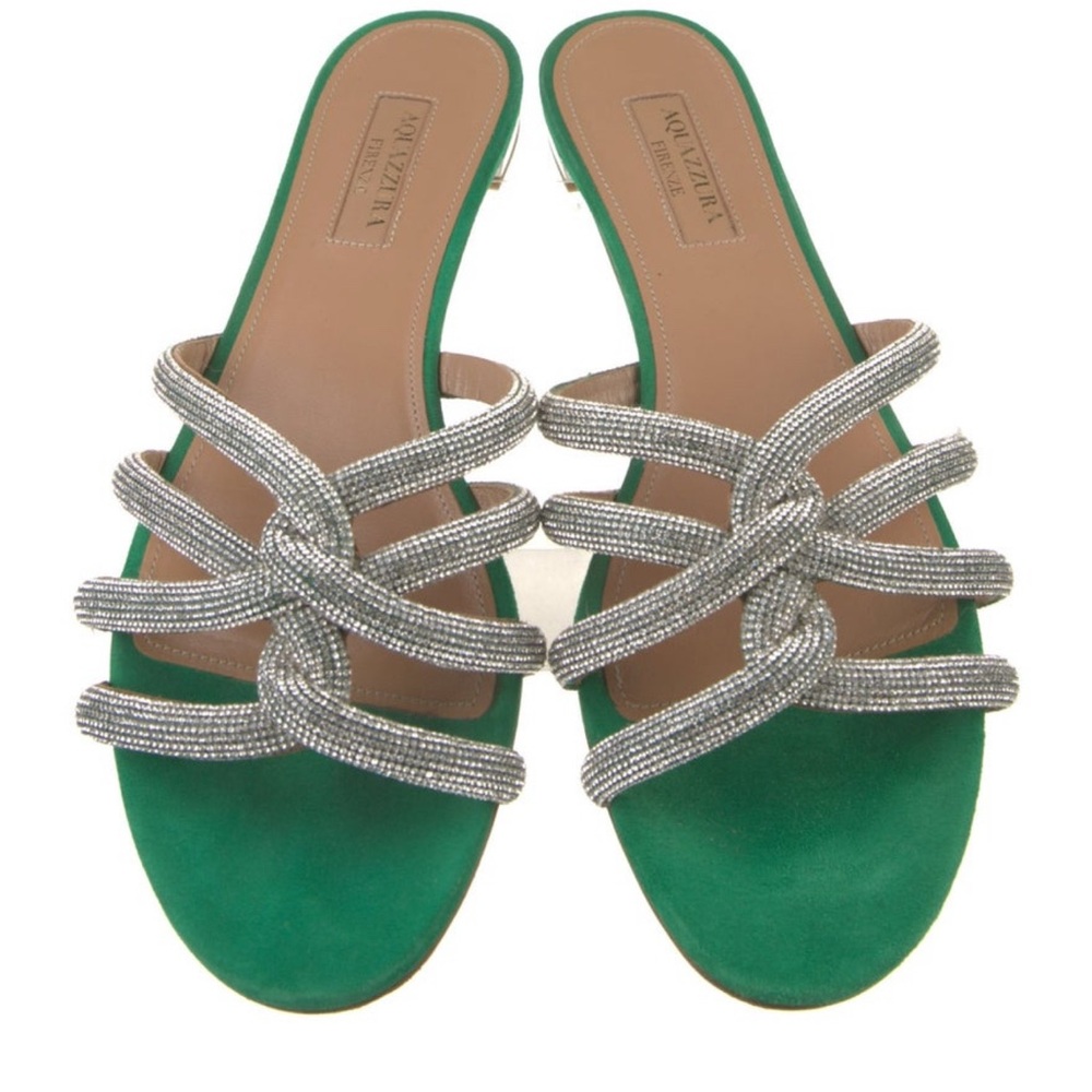 Aquazzura Green and Silver Crystal Slide Sandals